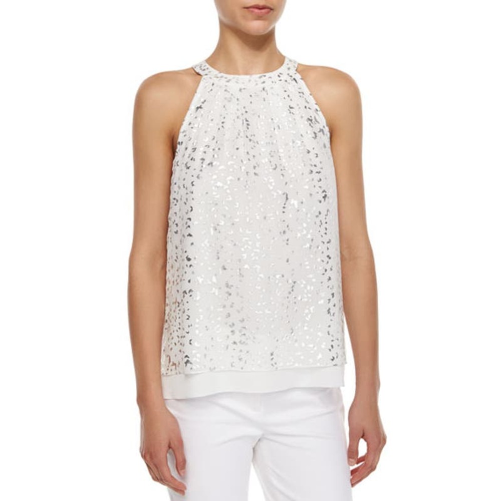 EUC Diane Von Furstenberg Women's Parvay White/Metallic Silver Crepe Silk Top 4